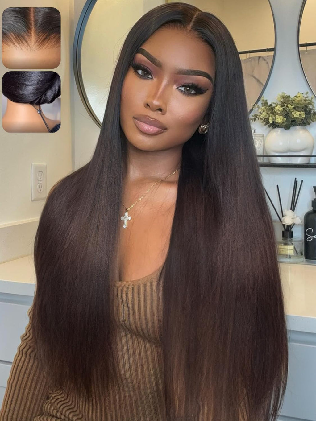 Golden Brown Highlight Glueless Yaki Straight Precut 7x5 Lace Front Wigs Human Hair Drawstring Ombre Pre Plucked Bleached Knots 30S Ready to Wear and Go Wig with Dark Roots 16Inch
