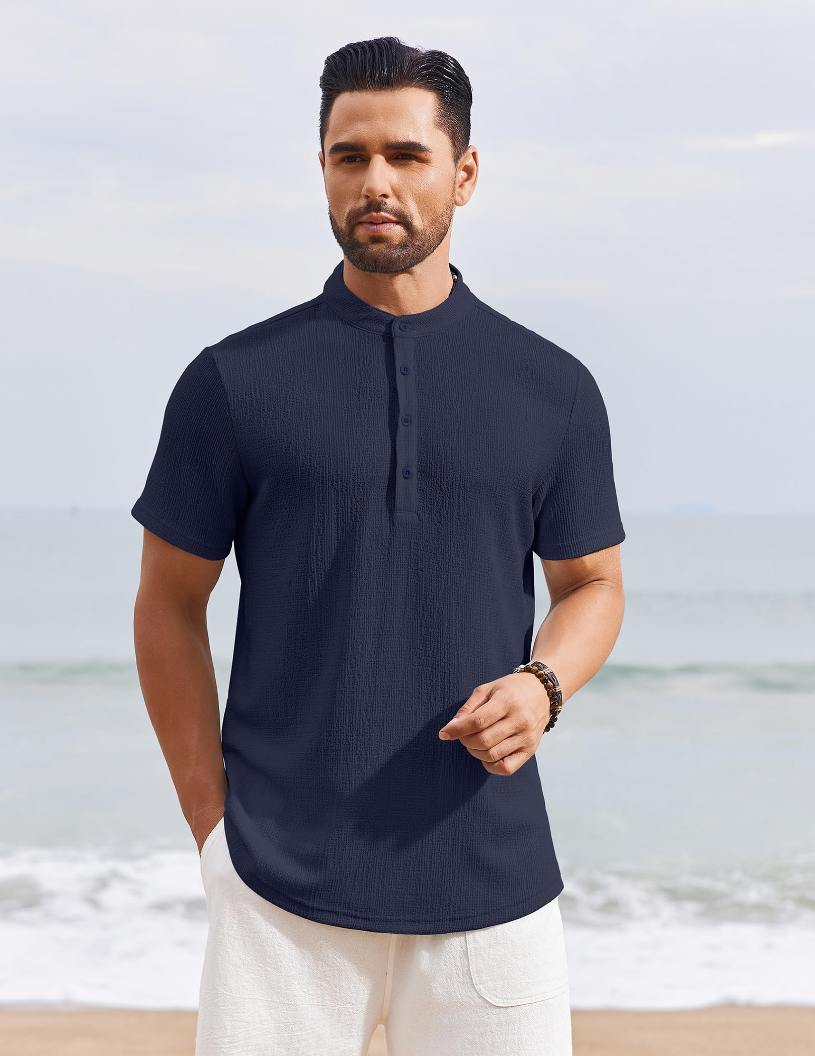 Men's Henley Shirt Short Sleeve Stand Collar Summer Casual Beach Hippie T-Shirts