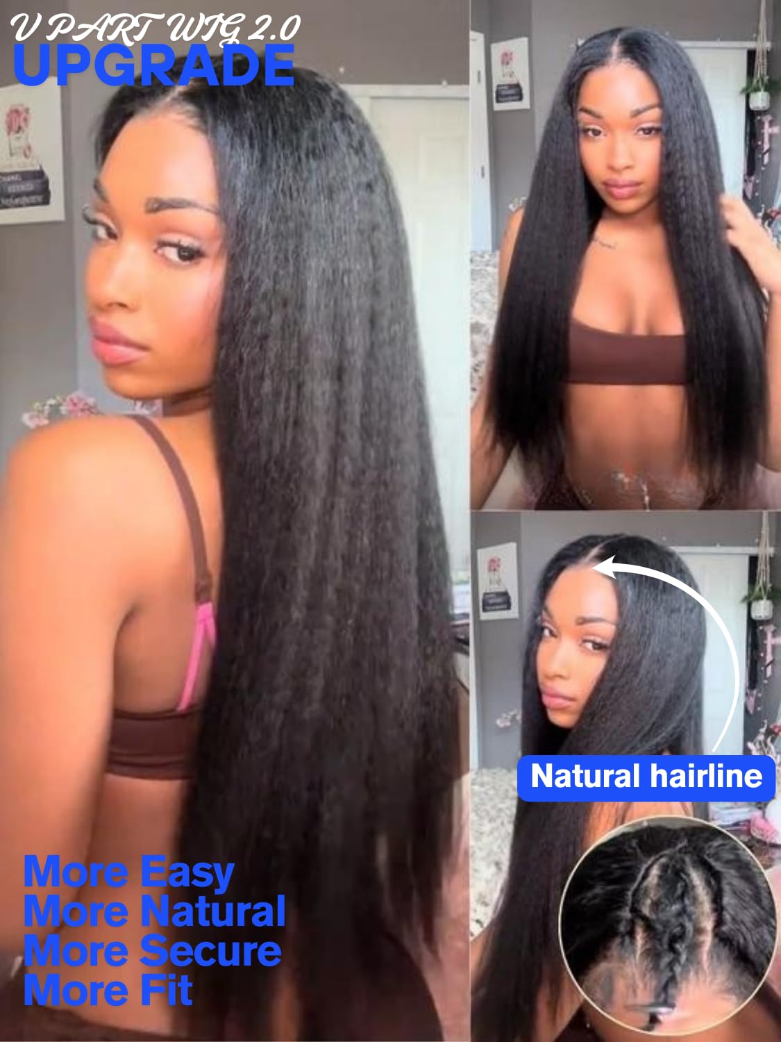 V Part Wigs Kinky Straight Human Hair with Drawstring,Glueless Easicontour V-Part Clip in Upgraded U Part Kinky Wig for Women No Leave Out Ready to Wear Beginner Friendly 150% Density 20inch