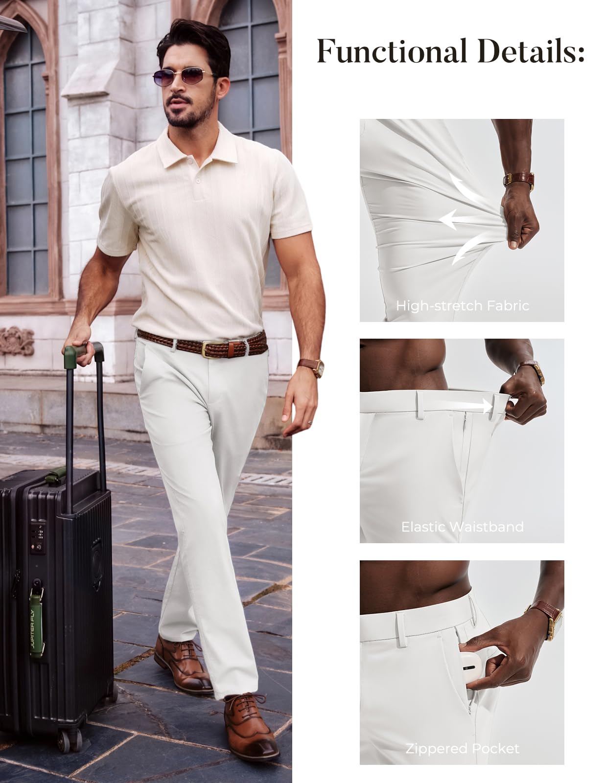 Mens Dress Pants 4-Way Stretch Tapered Trousers Extended Waist Dress Pant Casual Golf Pants
