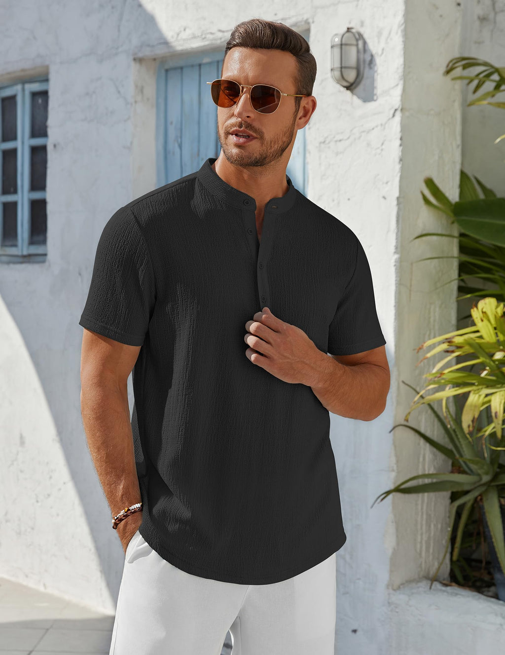 Men's Henley Shirt Short Sleeve Stand Collar Summer Casual Beach Hippie T-Shirts