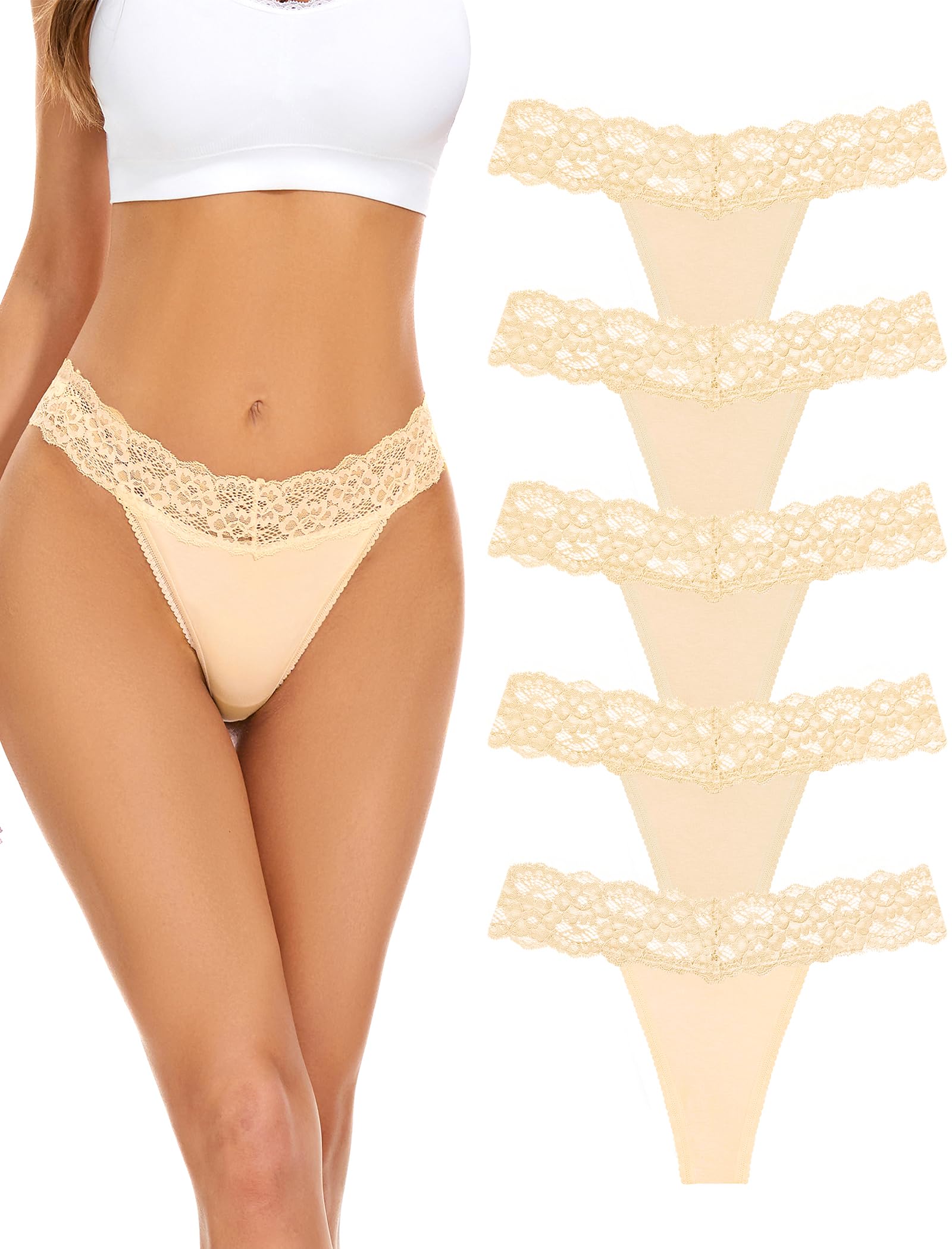 Seamless Women Thong,No Show Lace Underwear,Invisible,Cotton Blend | 5 Pack Ladies Lacy Band Breathable Athletic Panties,Comfortable Soft Undies,Comfy Gym Mid Rise Stretch No Seam Laced Tanga