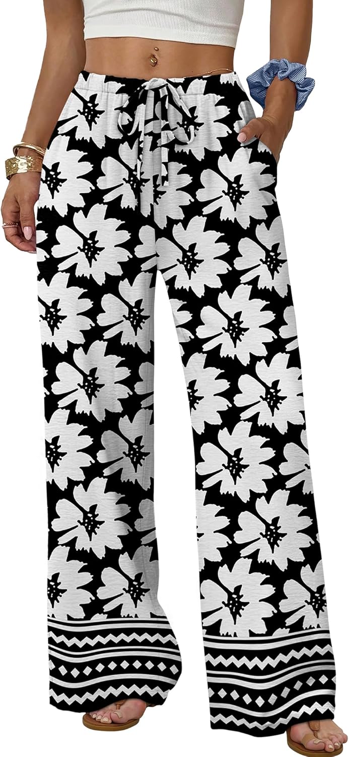 Wide Leg Pants for Women Flowy Palazzo Drawstring Elastic Waist Trousers with Pockets Summer Beach Vacation Clothes