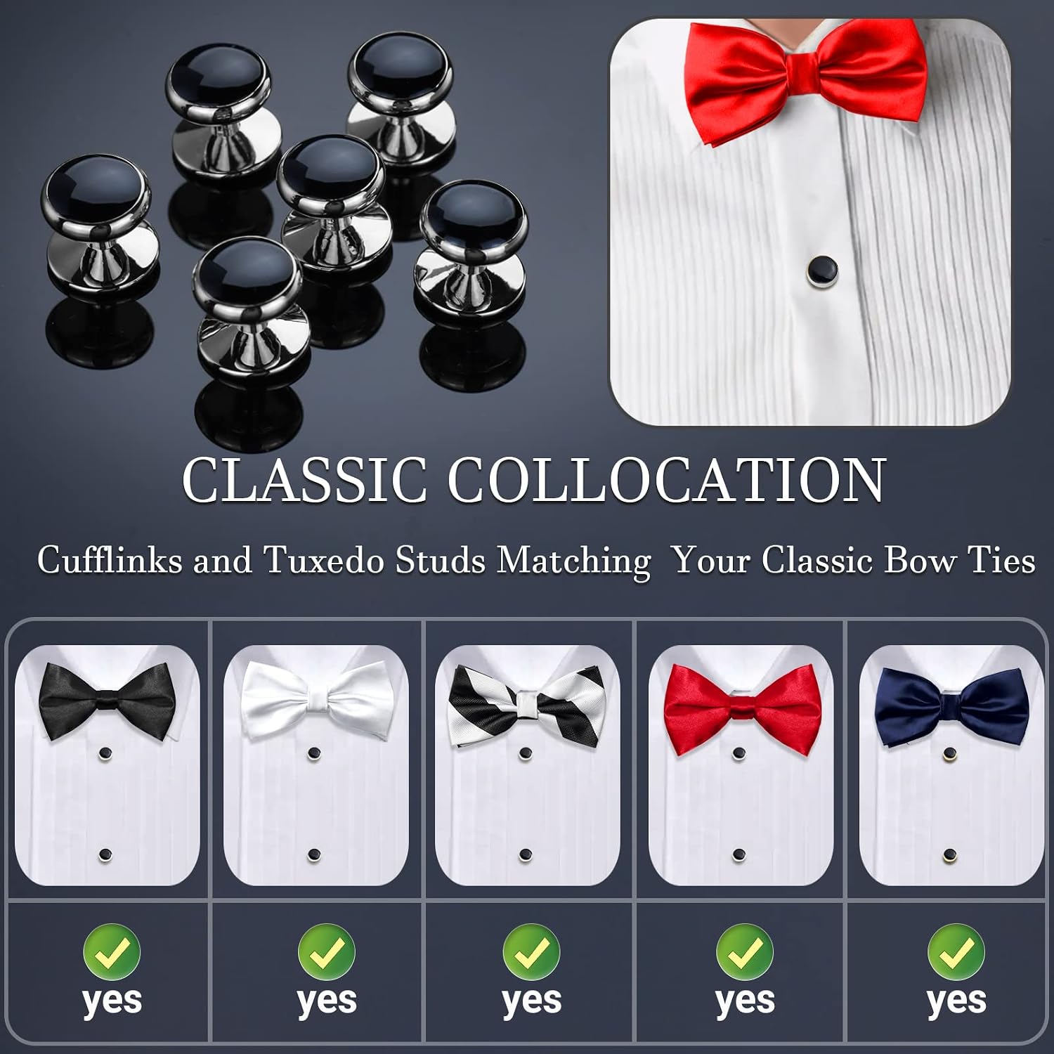 Men’s Cufflinks and Tuxedo Studs Set with Gift Box; Men’s Jewelry or Accessories Suitable for Black Suit White Shirts Vest and Red Bow tie on Wedding or Anniversary and Birthday