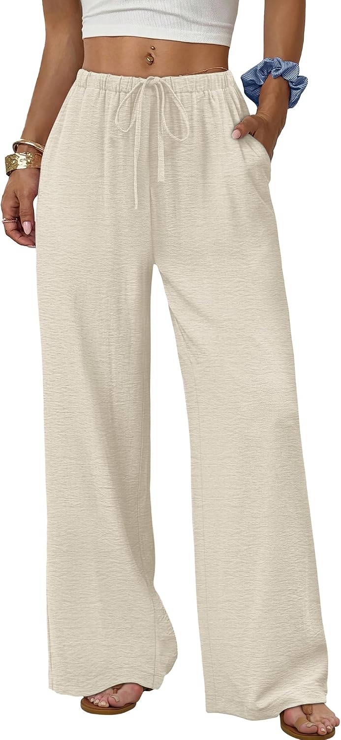 Wide Leg Pants for Women Flowy Palazzo Drawstring Elastic Waist Trousers with Pockets Summer Beach Vacation Clothes