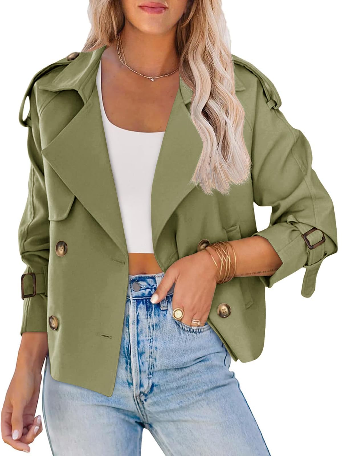 Women Crop Double Breasted Trench Coat Raglan Sleeve Work Office Cropped Jacket With Pockets