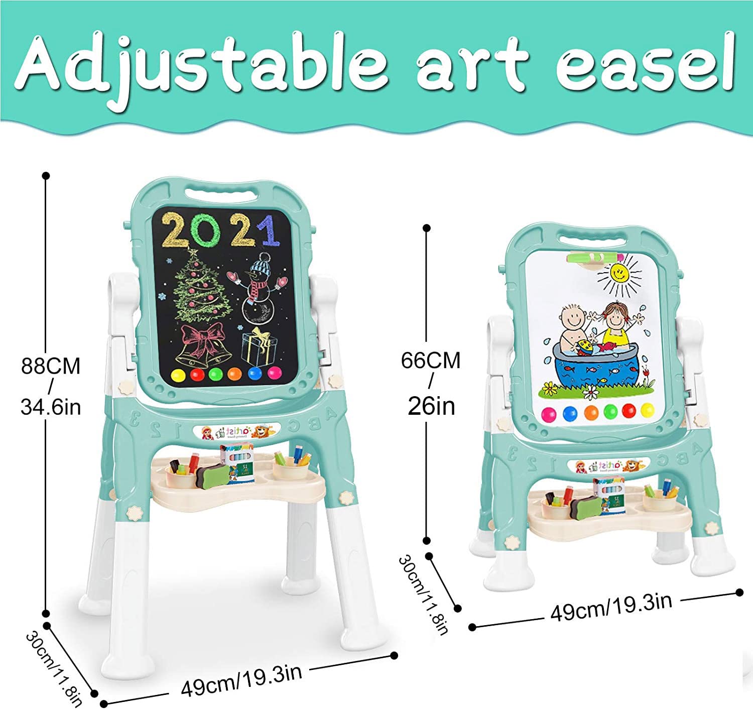Mojitodon Art Easel for Kids, Adjustable Standing Rotatable Double Sided Easel with Painting Accessories for Toddlers Boys and Girls-Pink