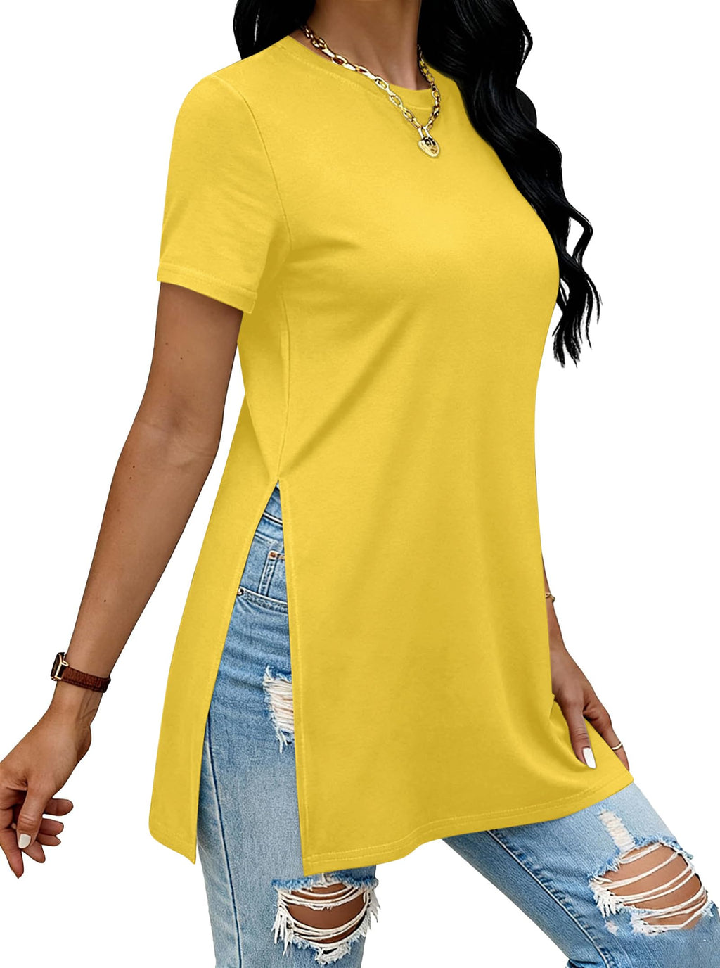 Remidoo Side Slit Tees for Women Tunic Tops Crewneck Long T Shirt Loose Fit Short Sleeve Tee