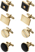 4 Pairs Cufflinks for Men Classic Tone Cuff Links Fashion Men Cufflinks Gold/Sliver Striped Disc Square Rectangle Cuff Links for Business Wedding Party Gift Box