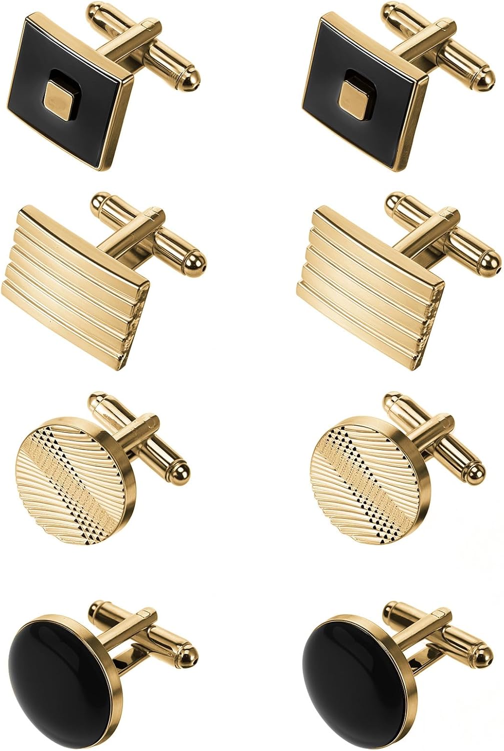 4 Pairs Cufflinks for Men Classic Tone Cuff Links Fashion Men Cufflinks Gold/Sliver Striped Disc Square Rectangle Cuff Links for Business Wedding Party Gift Box