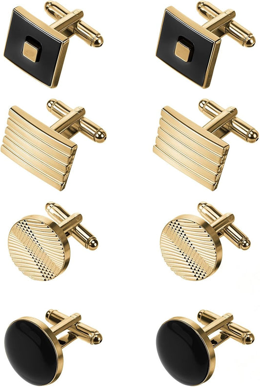 4 Pairs Cufflinks for Men Classic Tone Cuff Links Fashion Men Cufflinks Gold/Sliver Striped Disc Square Rectangle Cuff Links for Business Wedding Party Gift Box