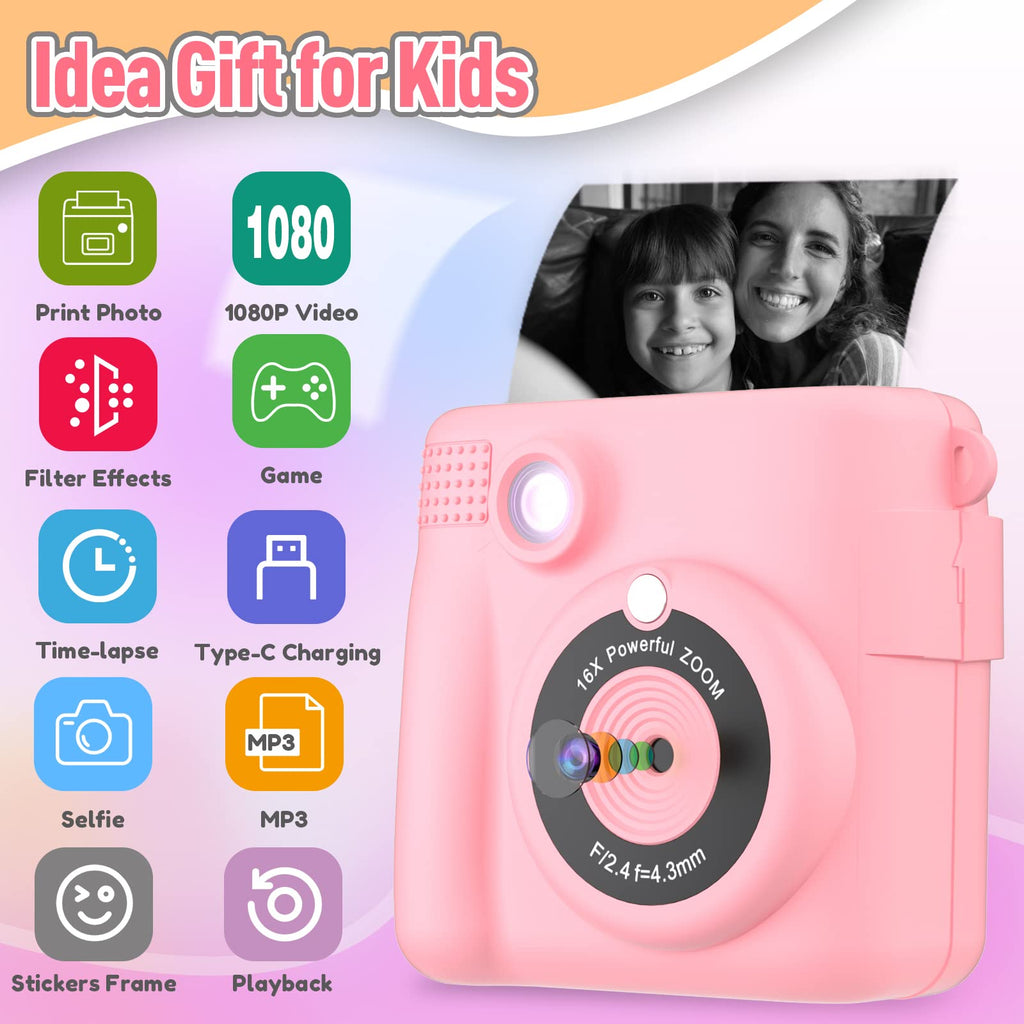 ESOXOFFORE Instant Print Camera for Kids, Christmas Birthday Gifts for Girls Boys Age 3-12,Kids Digital Cameras for Toddler, Portable Toy for 3 4 5 6 7 8 9 10 Year Old Girl with 32GB SD Card-Purple
