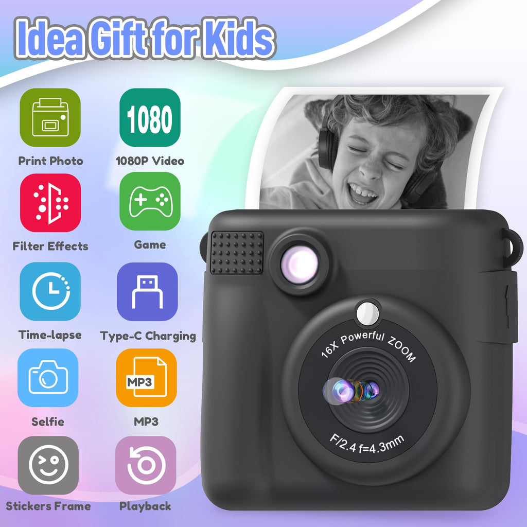 ESOXOFFORE Instant Print Camera for Kids, Christmas Birthday Gifts for Girls Boys Age 3-12,Kids Digital Cameras for Toddler, Portable Toy for 3 4 5 6 7 8 9 10 Year Old Girl with 32GB SD Card-Purple