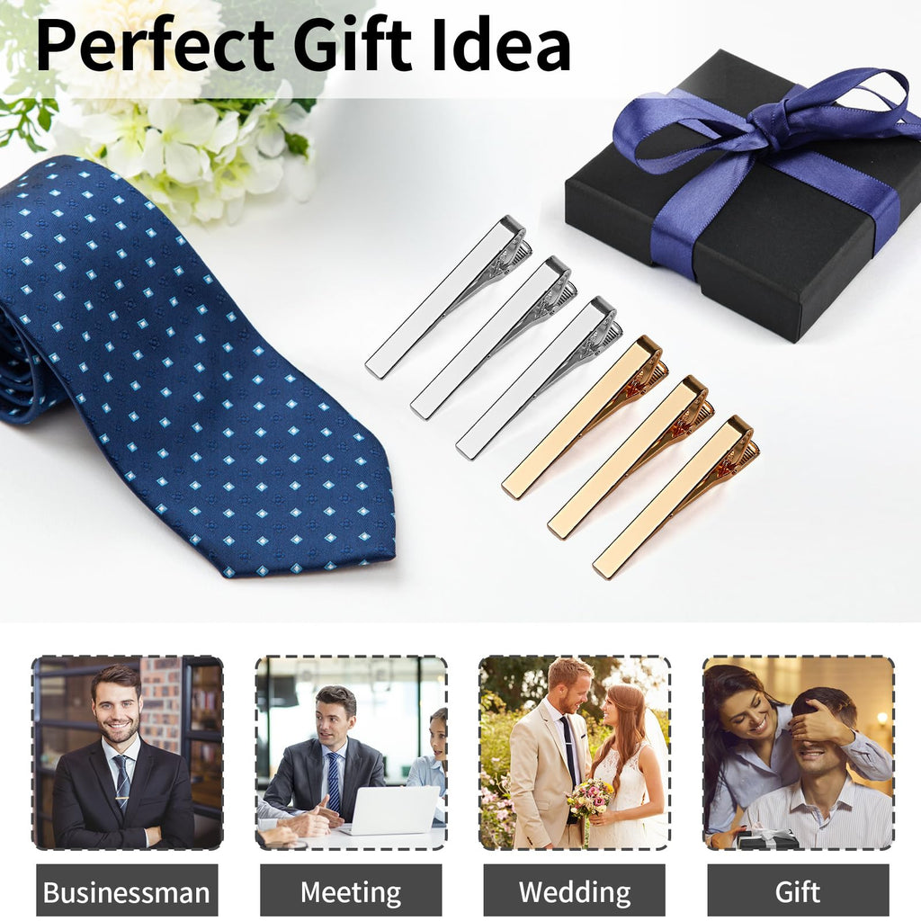 6 Pcs Tie Clips for Men, Classic Shiny & Glossy Tie Bar, Ideal for Father, Husband, Boyfriend, Business, Wedding, Tie Pins with Gift Box