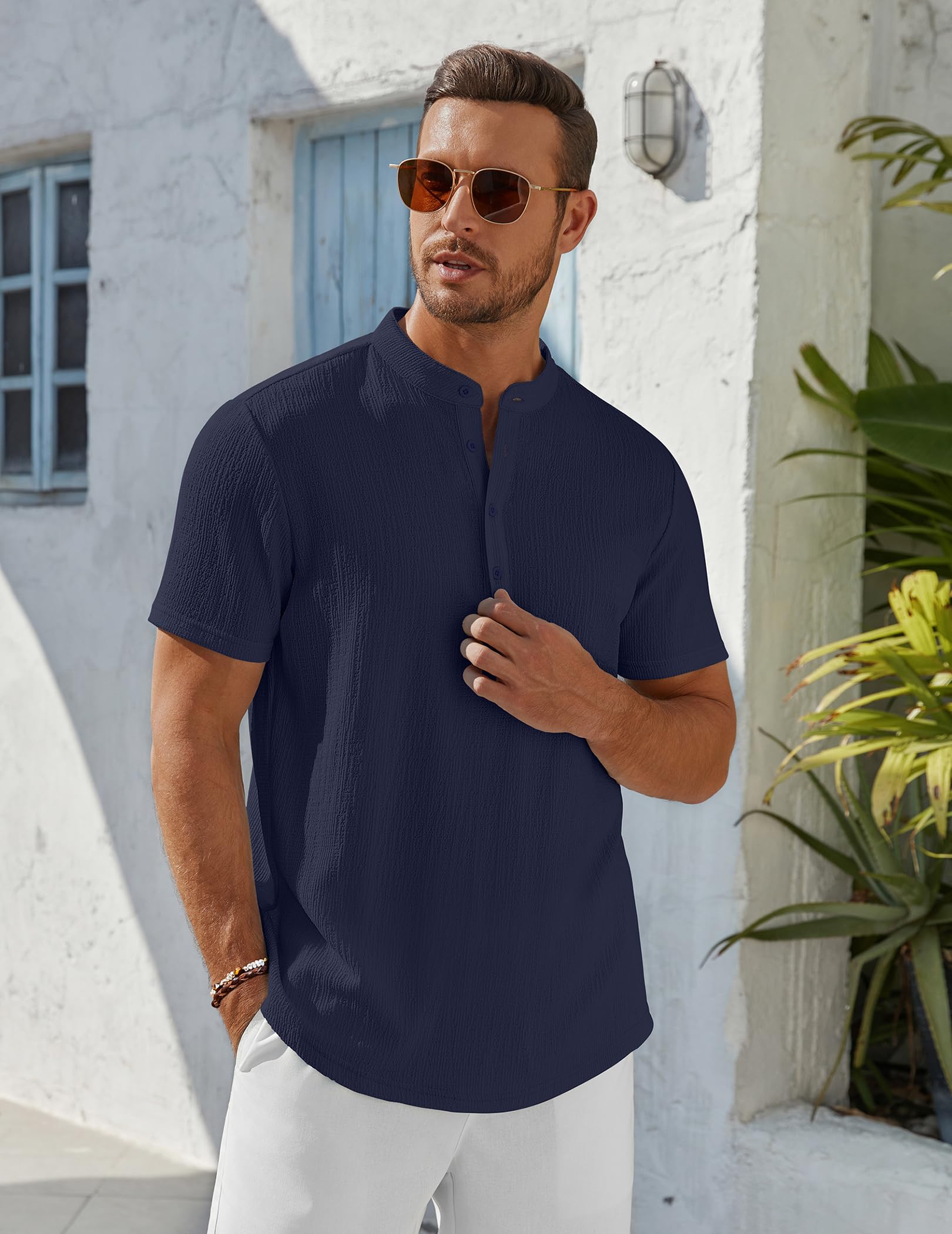 Men's Henley Shirt Short Sleeve Stand Collar Summer Casual Beach Hippie T-Shirts