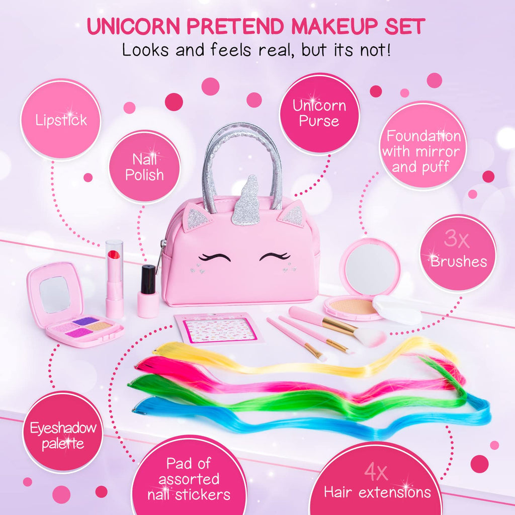 Kids Real Makeup Kit with Pink Unicorn Purse, Non Toxic Washable Make Up Set - Unicorn Toys for Girls Age 4-6, Girls Easter Basket Stuffers, Easter Gifts for Kids, Girl Gift Ages 3 4 5 6 7 8 Years Old