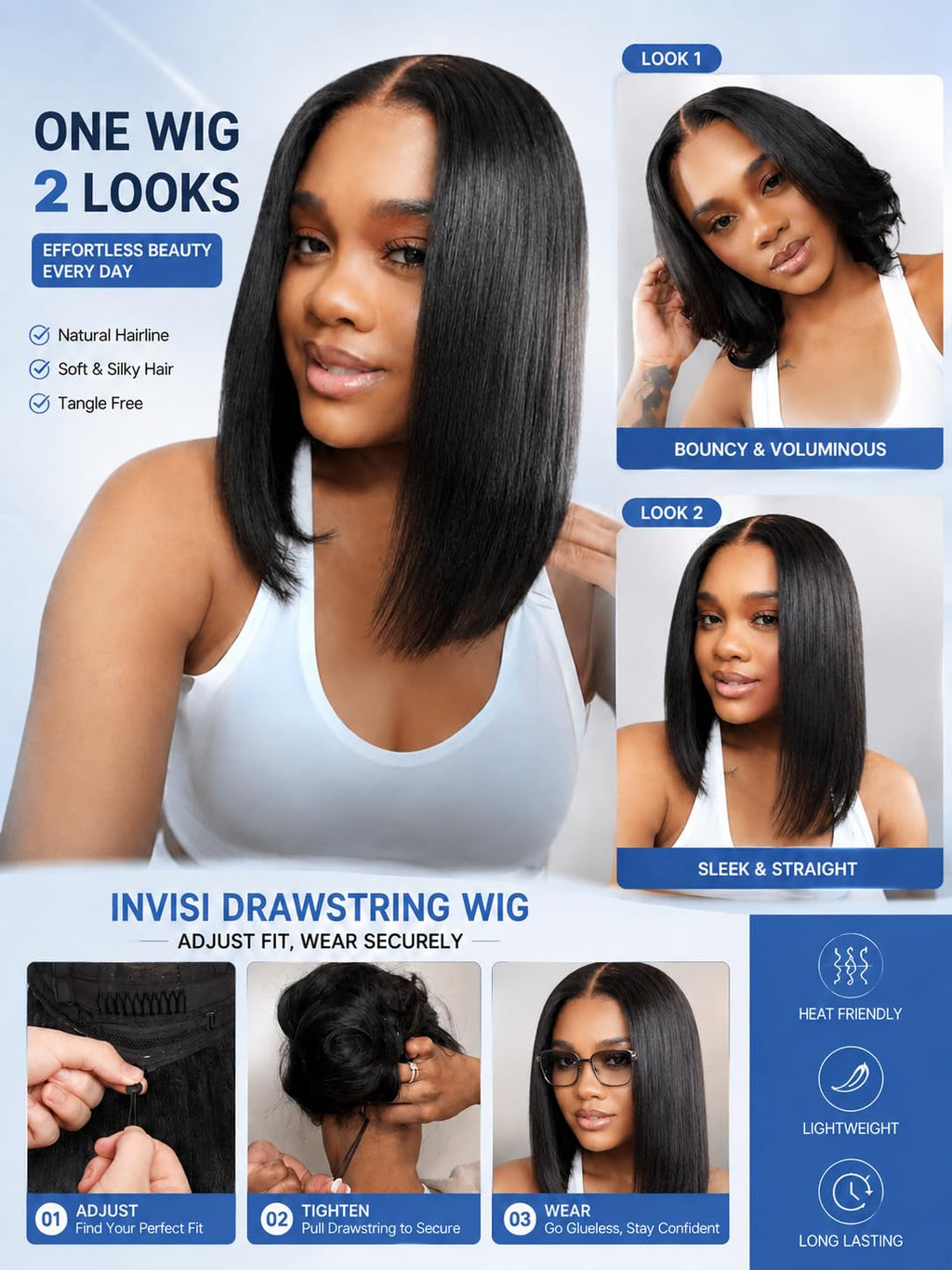 No Slip Yaki Straight Bob Drawstring Wig Human Hair with Flexible Mesh Cap,Glueless Upgrade 7x5 Bye Bye Knots Wig Pre Cut/Plucked/Bleached Ready to Go Short Yaki Bob Wig 180% Density 10inch