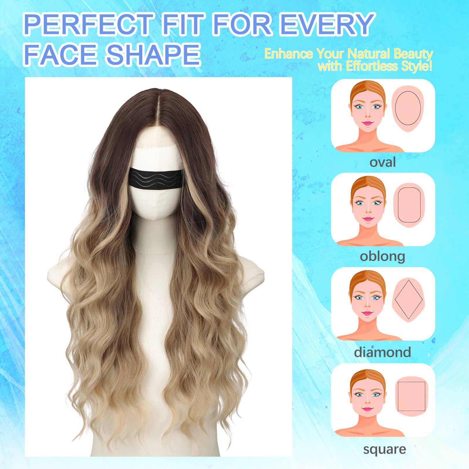 Long Brown Mixed Blonde Wavy Wig 4x1 Lace Natural Hairline Middle Part Curly Heat-Resistant Synthetic Fiber for Women & Beginners Daily Party Use 26In