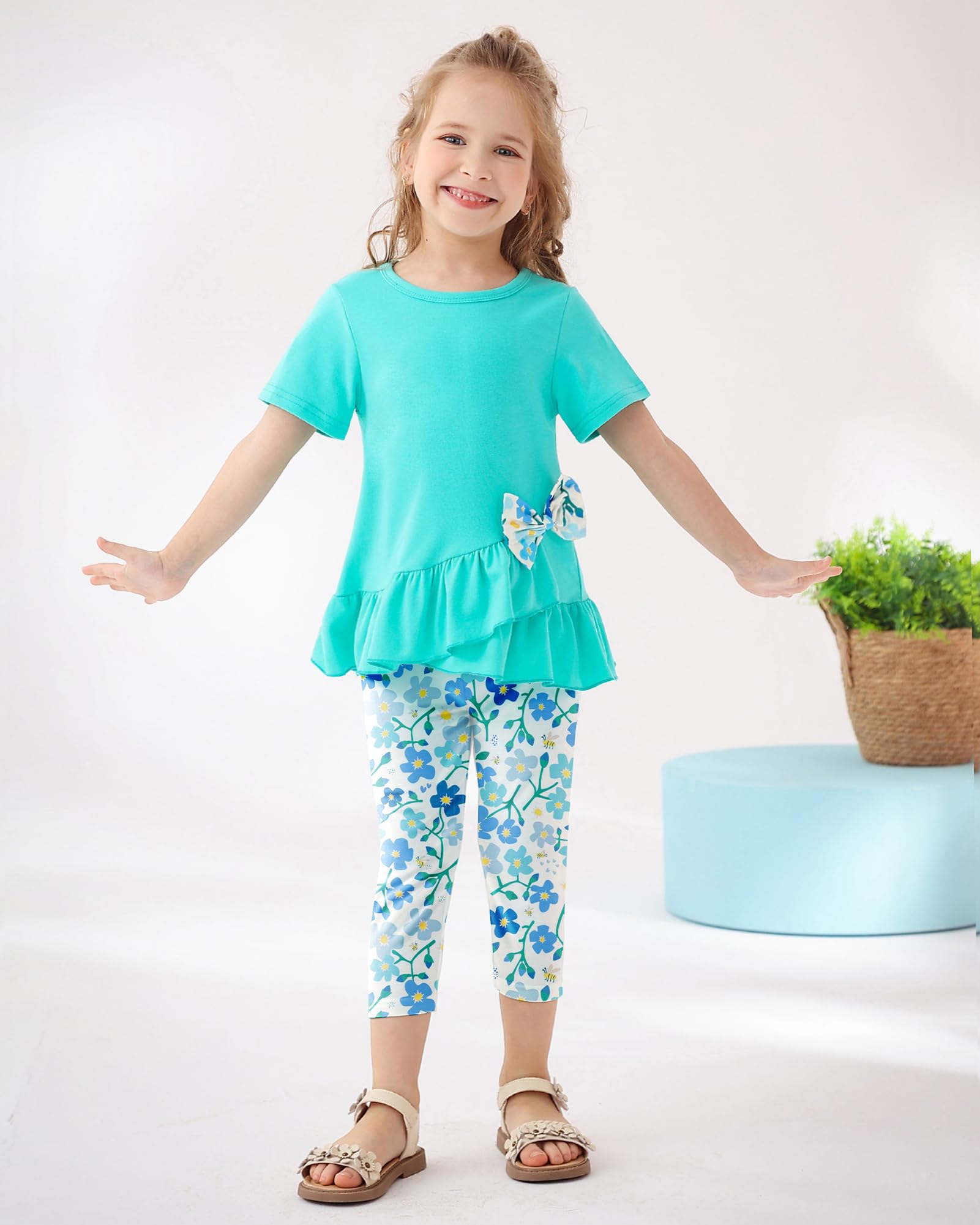 Toddler Girl Clothes 2-8Years Girls Outfit, Short Sleeve Ruffle Bowknot Top+Floral Capri Pants 2Pcs Spring Summer Set
