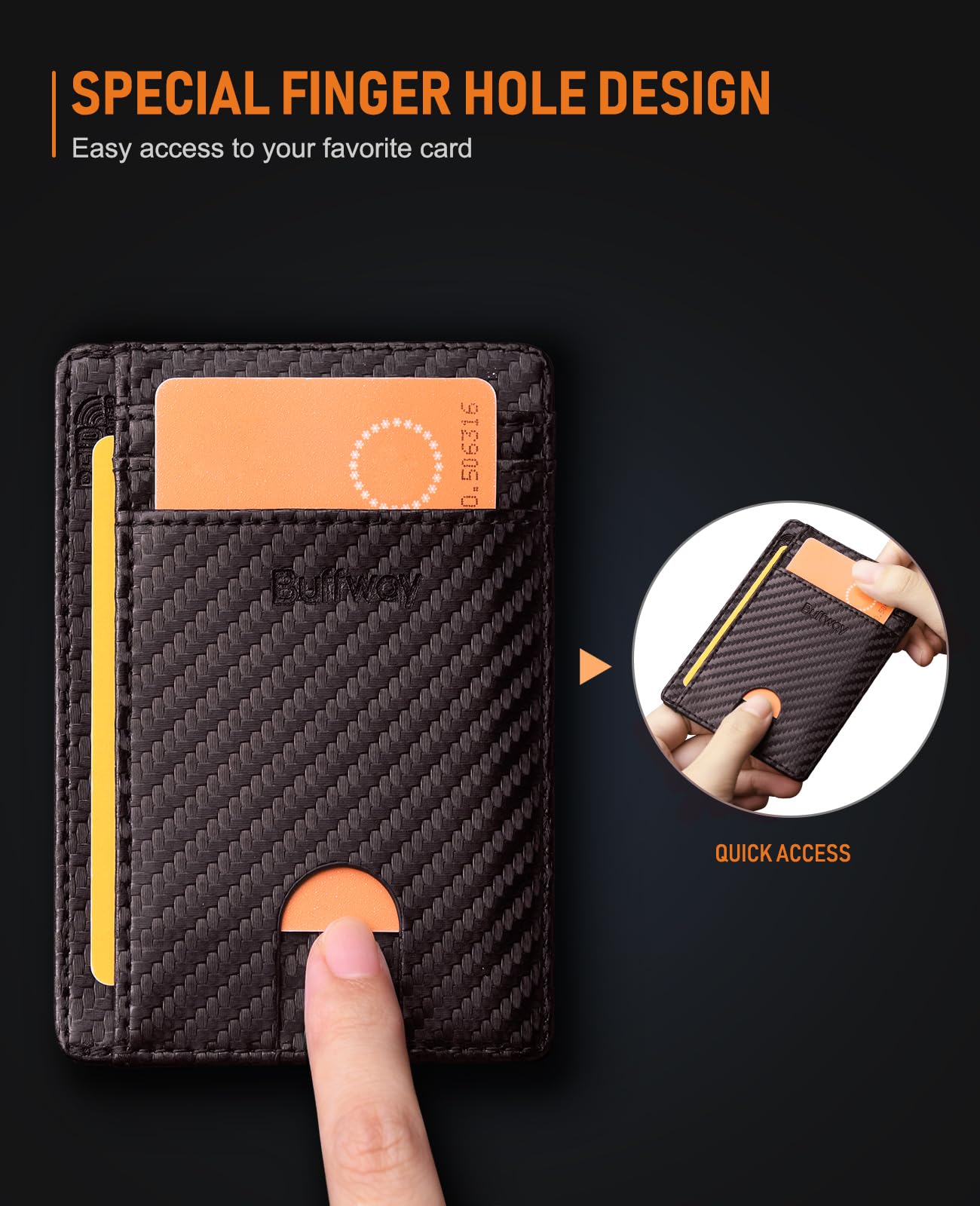 Slim Minimalist Front Pocket RFID Blocking Leather Wallets for Men and Women - Carbon Fiber Black