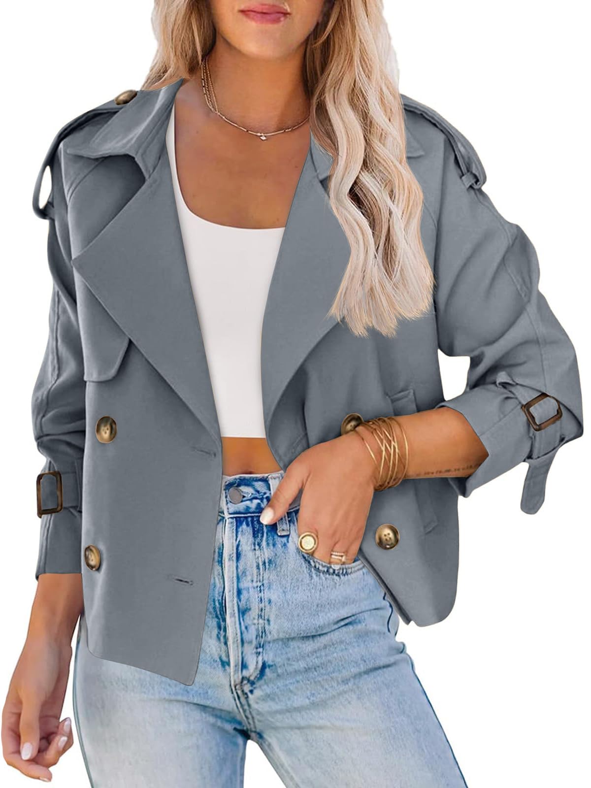 Women Crop Double Breasted Trench Coat Raglan Sleeve Work Office Cropped Jacket With Pockets
