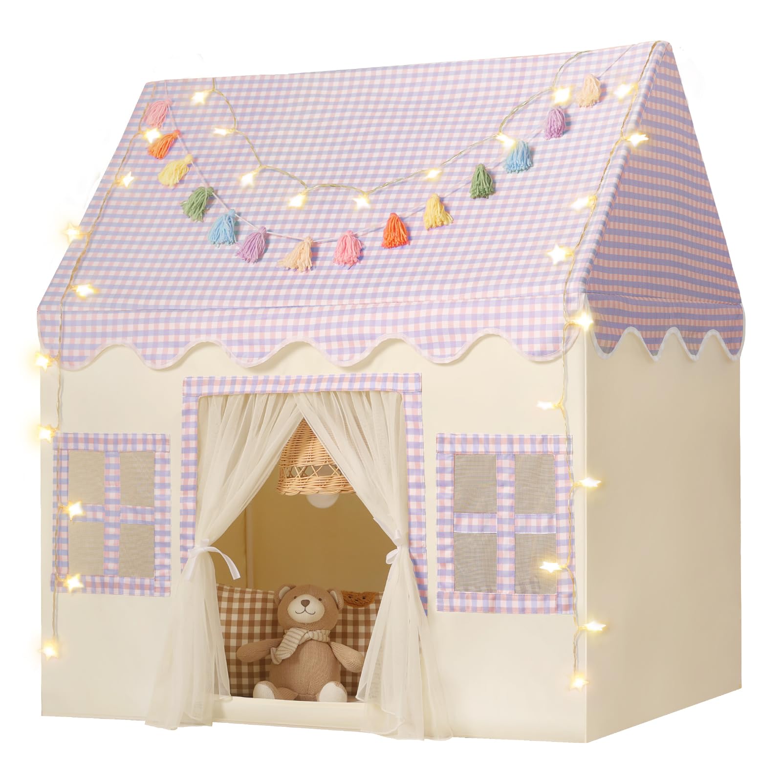 Kids Play Tent Indoor: with Mat, Tassel Garland, Star Lights - Girl Tent Indoor Playhouse for Kids Toys for Boy Girl Birthday Gift