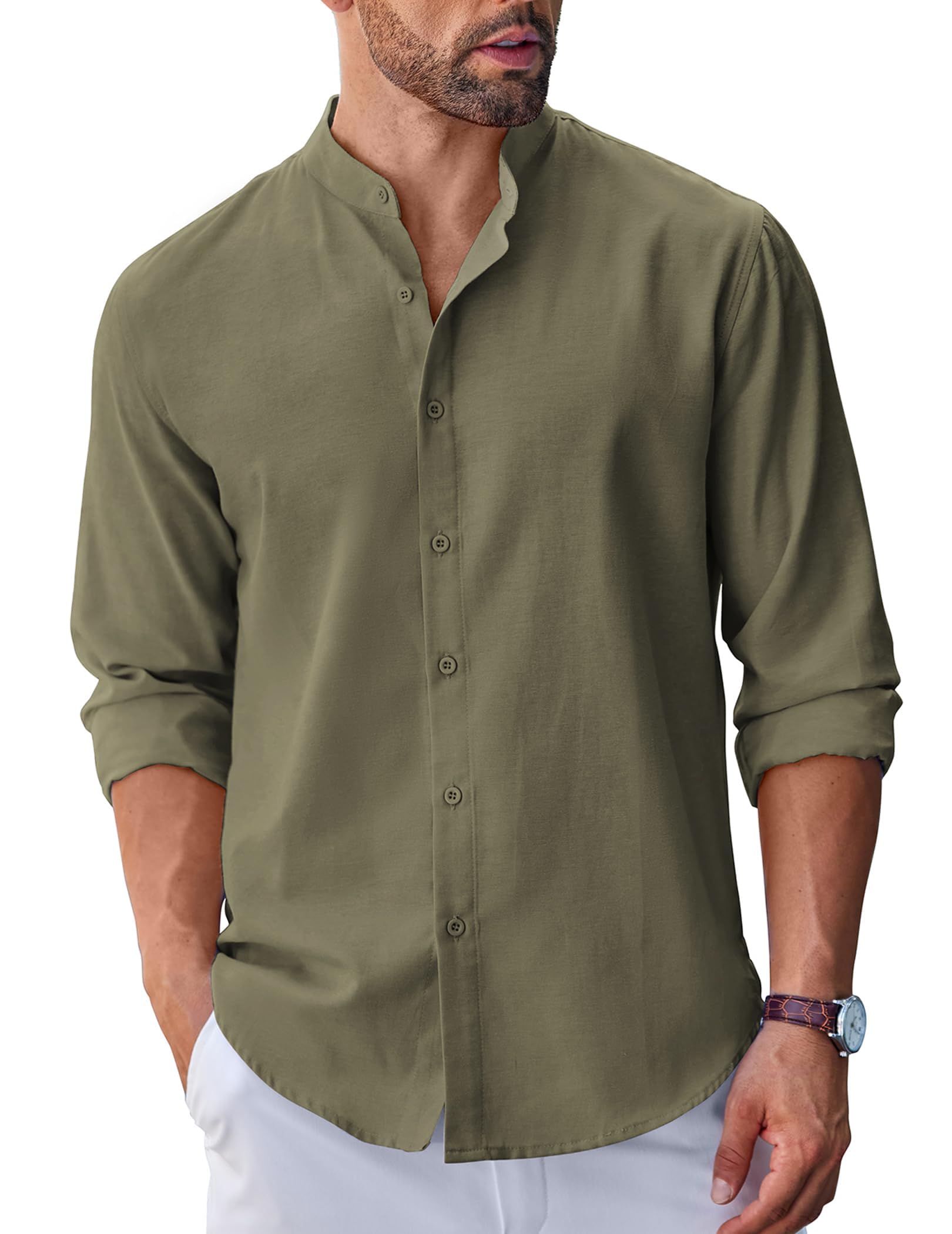 Men's Long Sleeve Oxford Dress Shirts Button Down Shirt Casual Band Collar Shirts