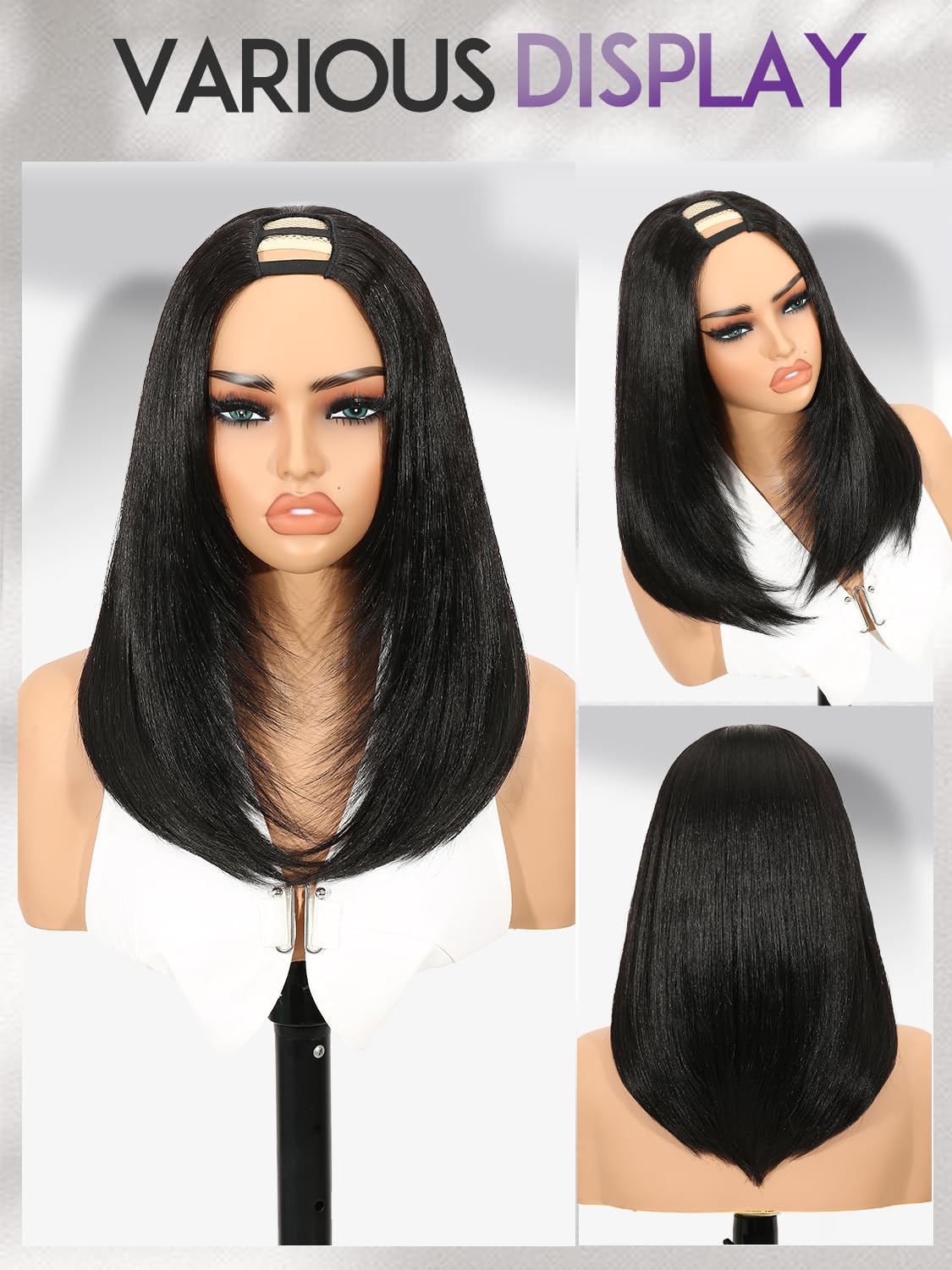 Yaki Straight Layered U Part Wigs V Part Glueless Clip in Half Wigs for Women Realistic Natural Looking Heat Resistant Synthetic Hair(24inch,Natural Black)