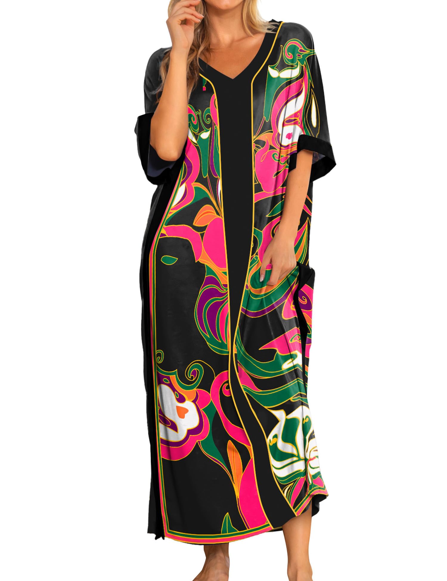 Women Nightgowns Cotton Caftan House Dress Short Sleeve Sleepwear Vacation Beach Moo Moos Dress with Pockets