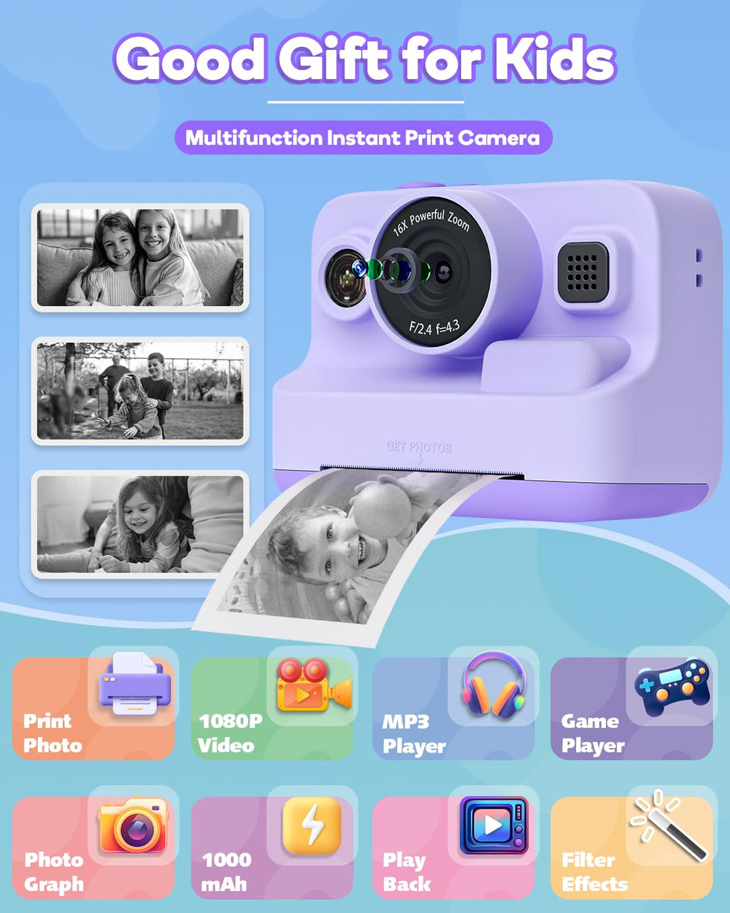 Dylanto Kids Camera Instant Print,1080P Kids Instant Cameras that Print Photos,Christmas Birthday Gifts for Girls Age 3-12,Portable Toy for 3 4 5 6 7 8 9 10 Year Old Girls Boys Pink