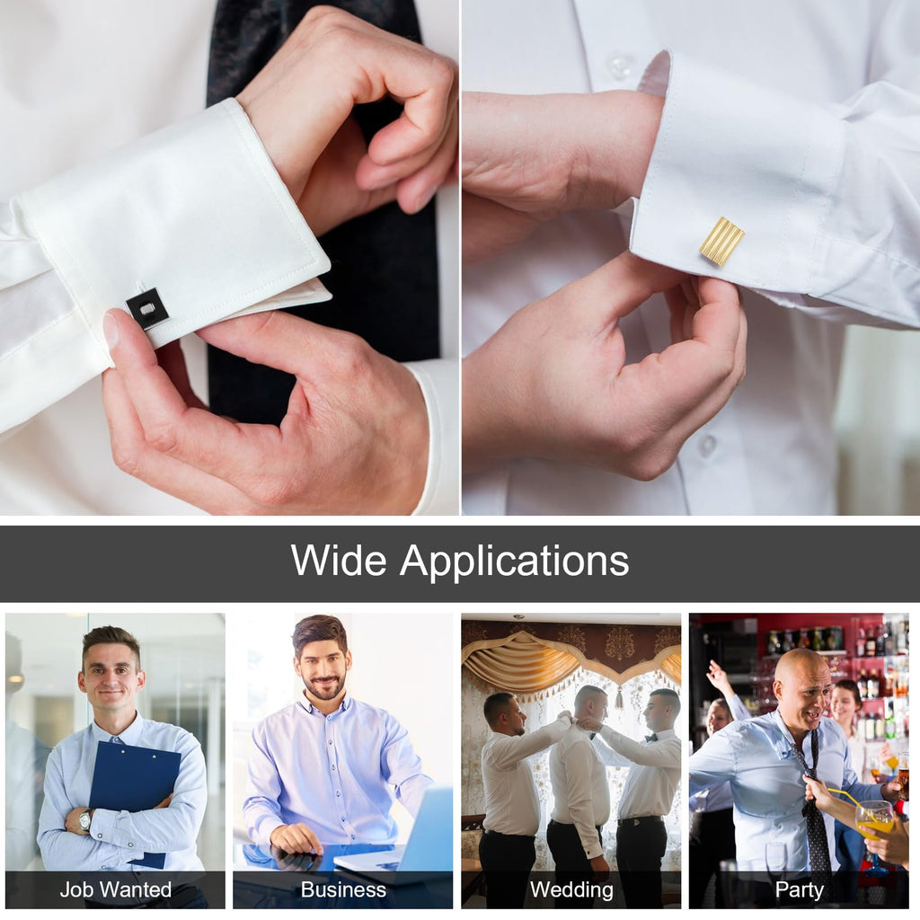 4 Pairs Cufflinks for Men Classic Tone Cuff Links Fashion Men Cufflinks Gold/Sliver Striped Disc Square Rectangle Cuff Links for Business Wedding Party Gift Box