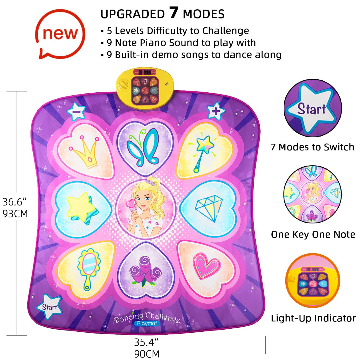SUNLIN Dance Mat - Rhythm Step Play Mat - Dance Game Toy Pad with LED Lights, Gift for Kids Girls 3-12, Adjustable Volume, Built-in Music, 3 Challenge Levels