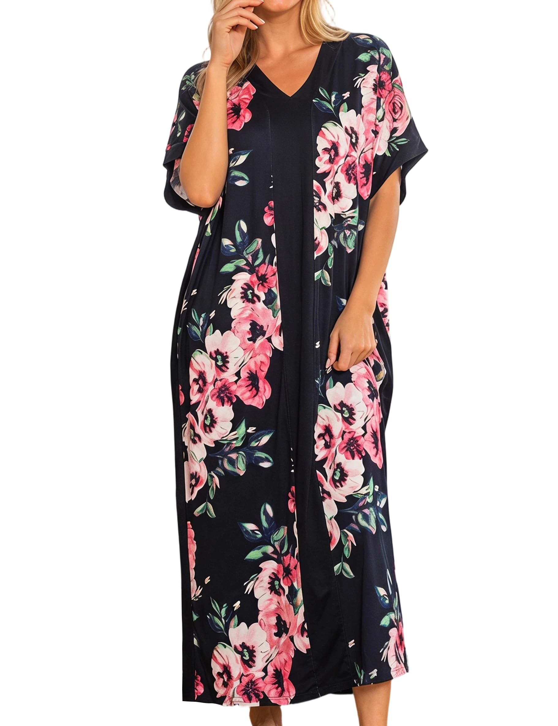 Women Nightgowns Cotton Caftan House Dress Short Sleeve Sleepwear Vacation Beach Moo Moos Dress with Pockets