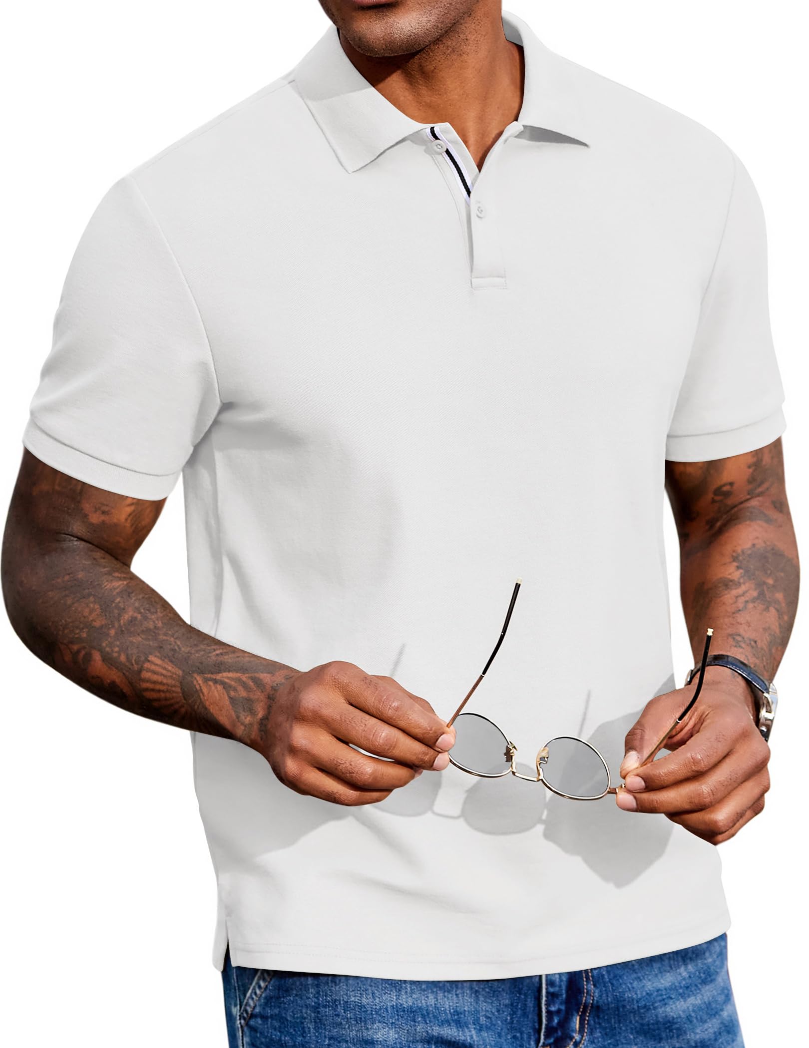 Men's Polo Shirts Short Sleeve Cotton Pique Casual Button T Shirts Classic Fit Collared Golf Shirts