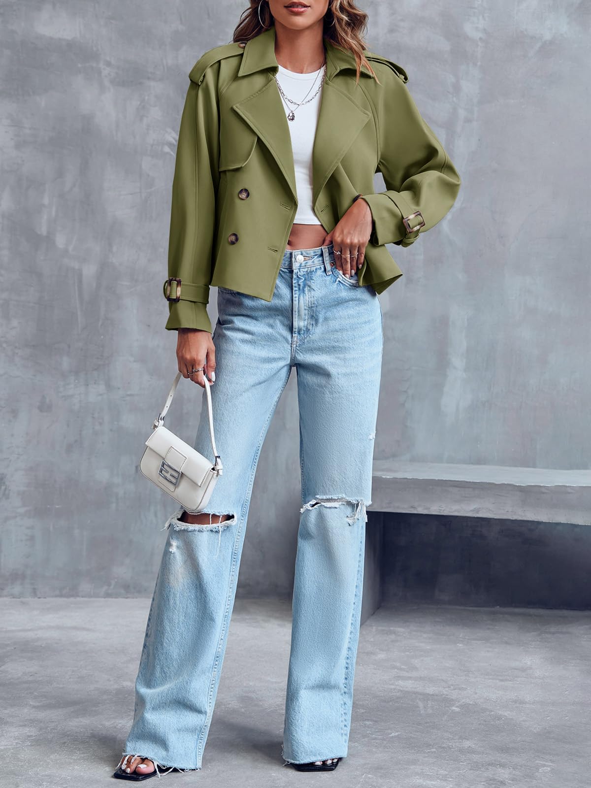 Women Crop Double Breasted Trench Coat Raglan Sleeve Work Office Cropped Jacket With Pockets