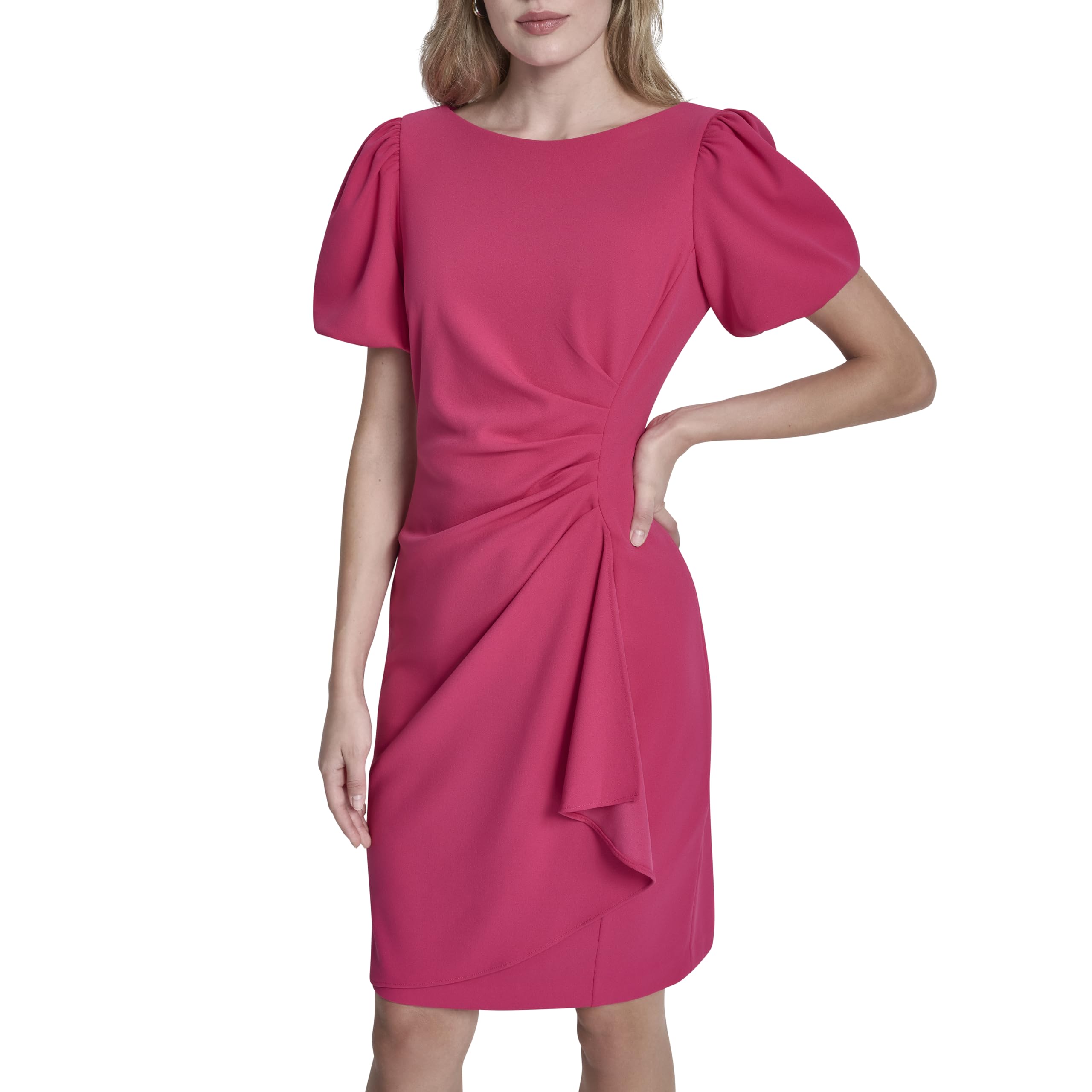 DKNY Women's Short Sleeve Boat Neck Side Ruched Dress