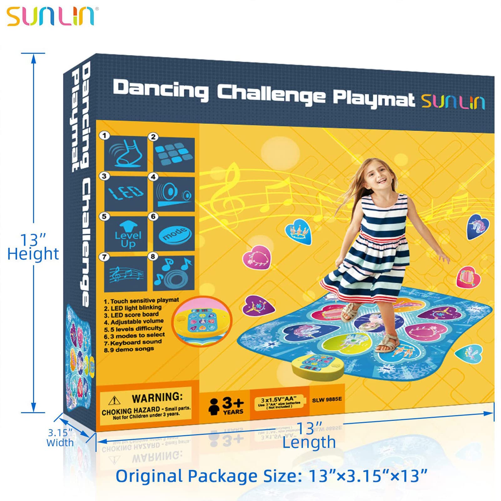 SUNLIN Dance Mat - Rhythm Step Play Mat - Dance Game Toy Pad with LED Lights, Gift for Kids Girls 3-12, Adjustable Volume, Built-in Music, 3 Challenge Levels