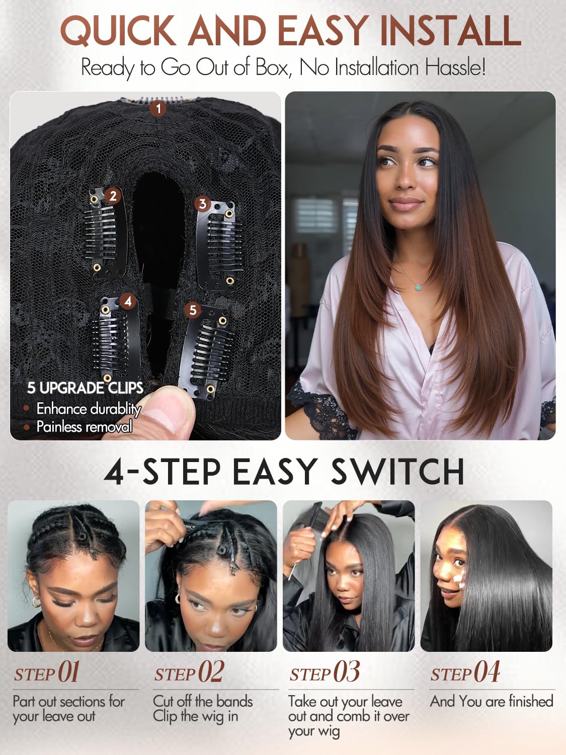 Yaki Straight Layered U Part Wigs V Part Glueless Clip in Half Wigs for Women Realistic Natural Looking Heat Resistant Synthetic Hair(24inch,Natural Black)