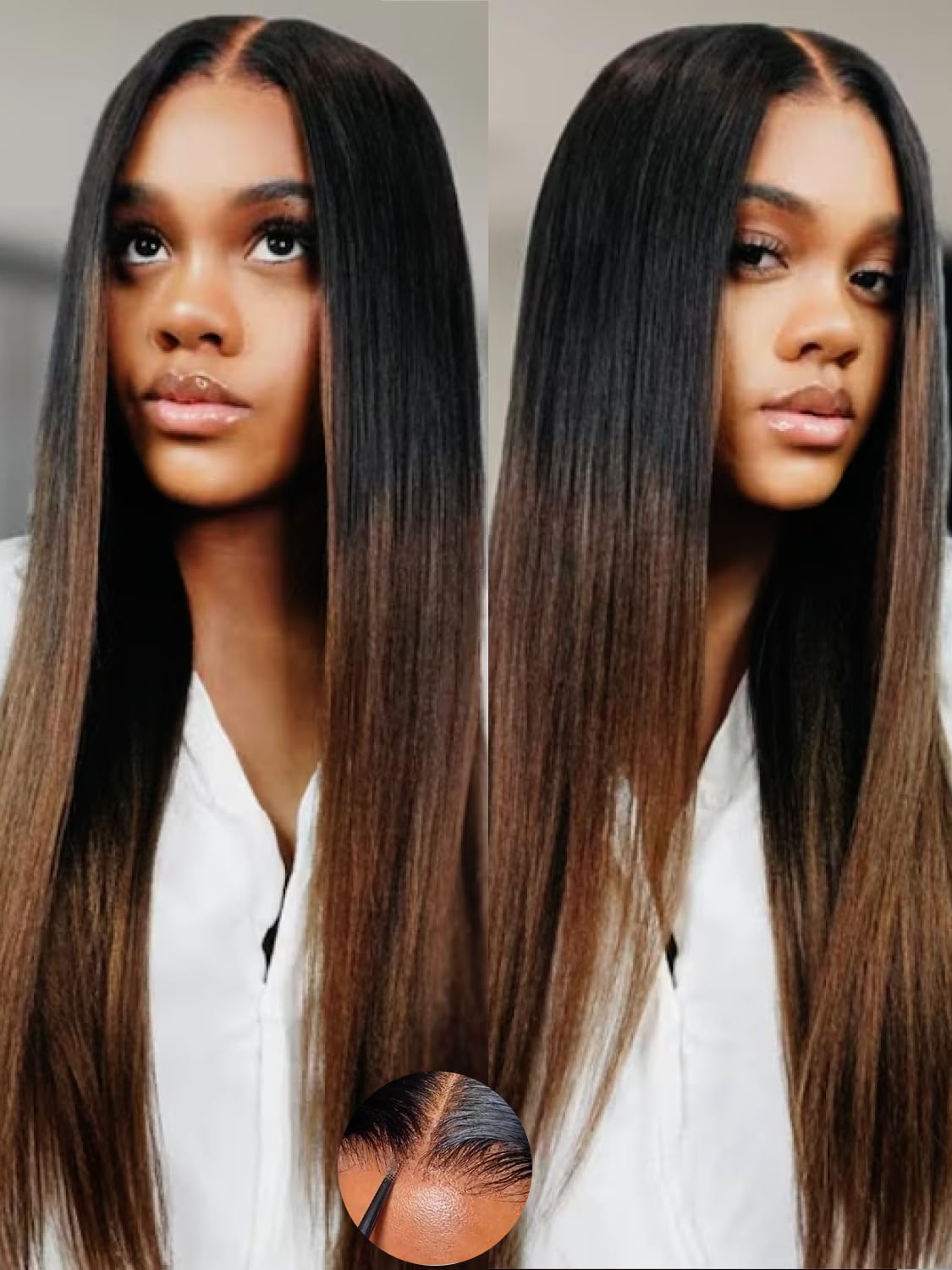 Golden Brown Highlight Glueless Yaki Straight Precut 7x5 Lace Front Wigs Human Hair Drawstring Ombre Pre Plucked Bleached Knots 30S Ready to Wear and Go Wig with Dark Roots 16Inch