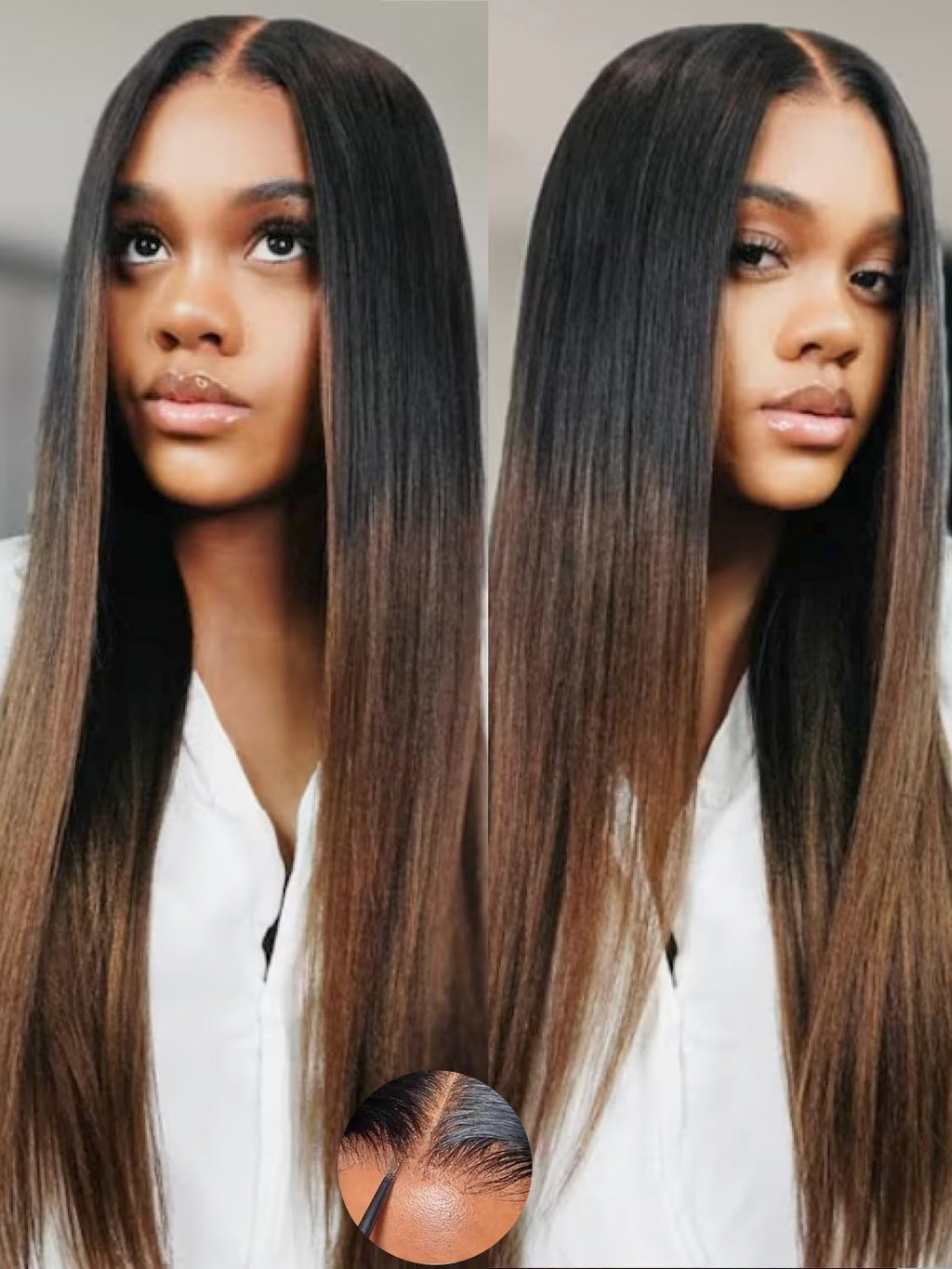 Golden Brown Highlight Glueless Yaki Straight Precut 7x5 Lace Front Wigs Human Hair Drawstring Ombre Pre Plucked Bleached Knots 30S Ready to Wear and Go Wig with Dark Roots 16Inch