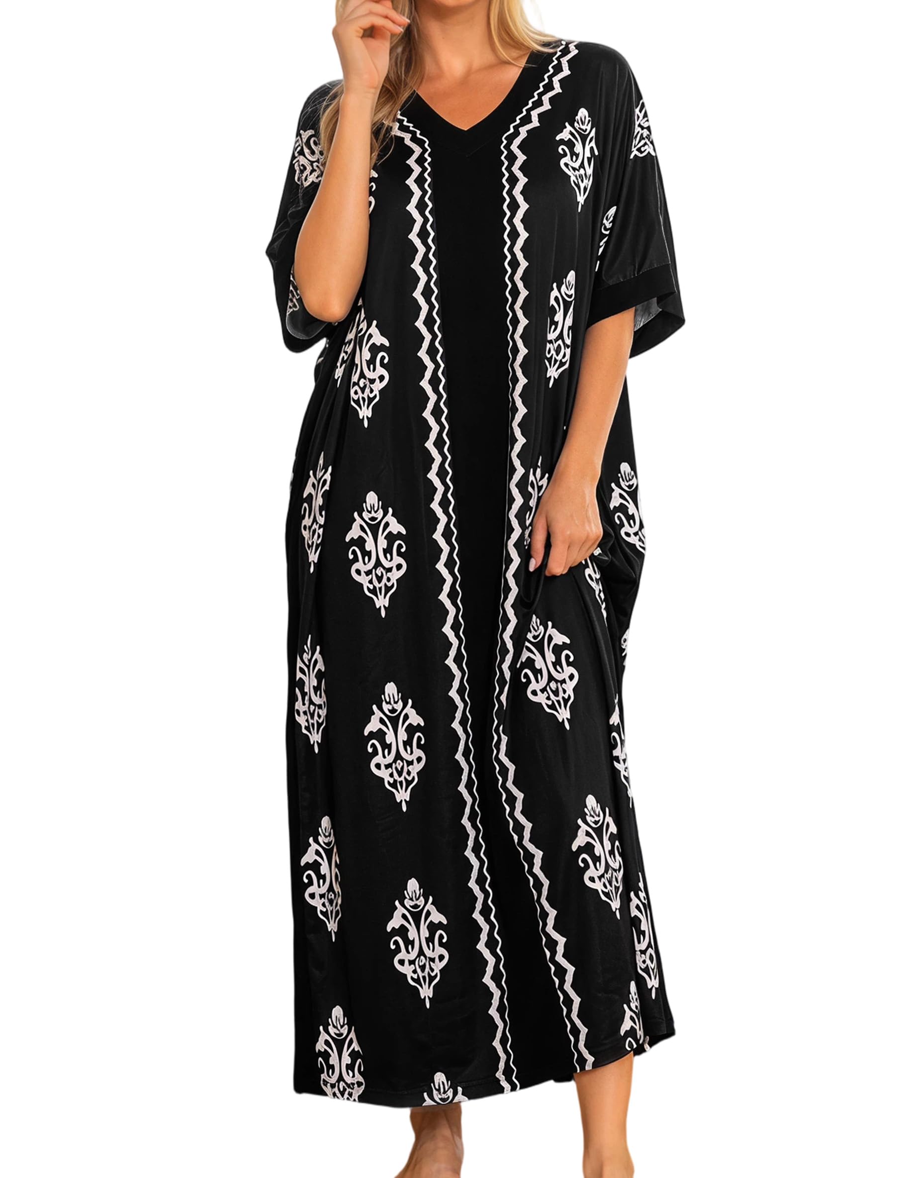 Women Nightgowns Cotton Caftan House Dress Short Sleeve Sleepwear Vacation Beach Moo Moos Dress with Pockets