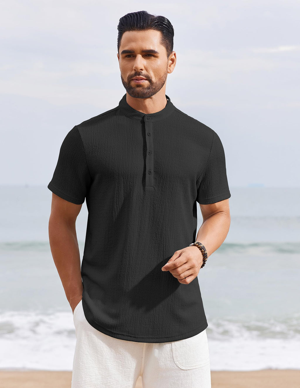 Men's Henley Shirt Short Sleeve Stand Collar Summer Casual Beach Hippie T-Shirts