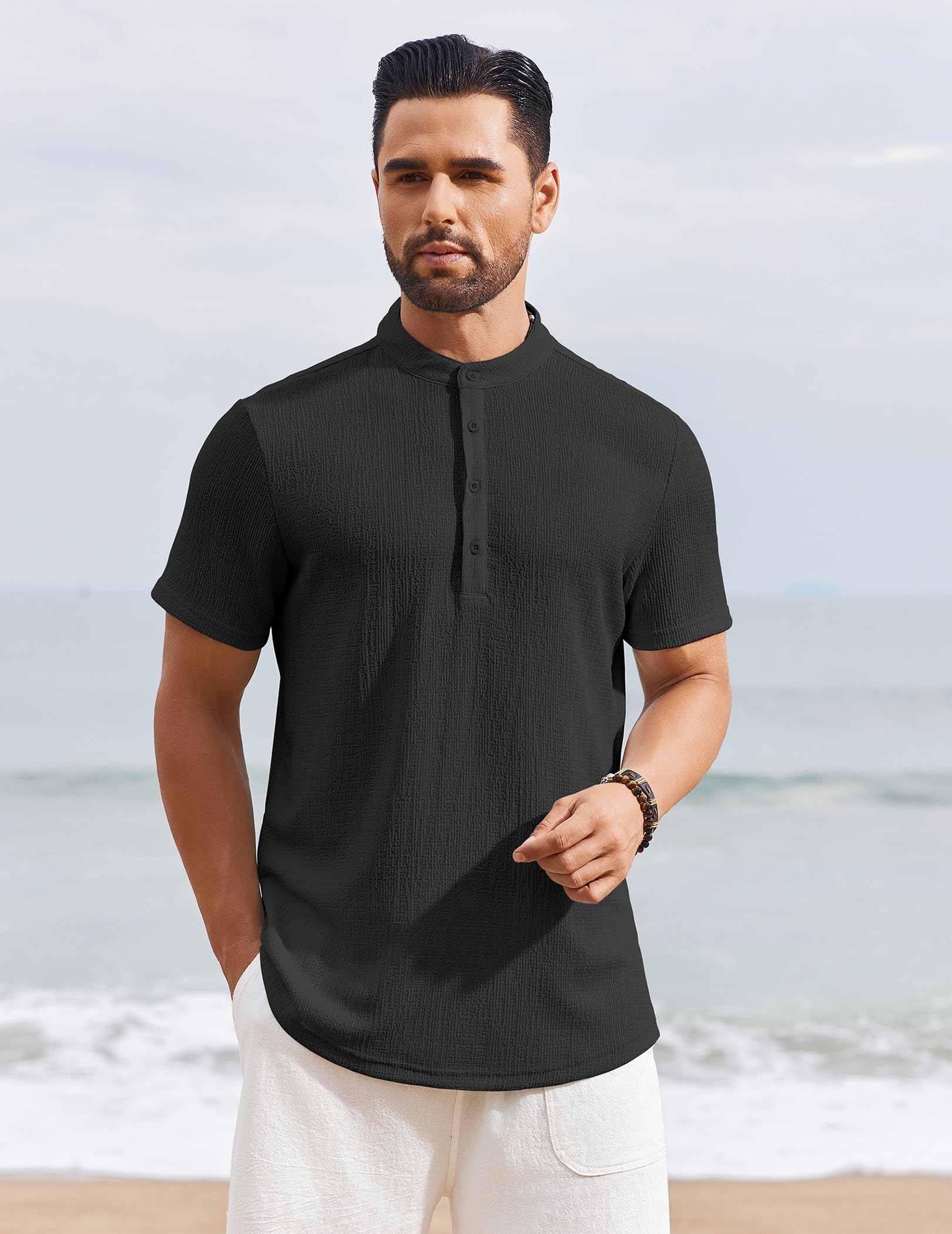 Men's Henley Shirt Short Sleeve Stand Collar Summer Casual Beach Hippie T-Shirts