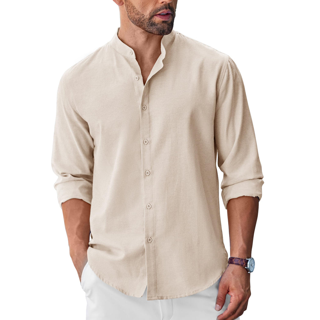 Men's Long Sleeve Oxford Dress Shirts Button Down Shirt Casual Band Collar Shirts