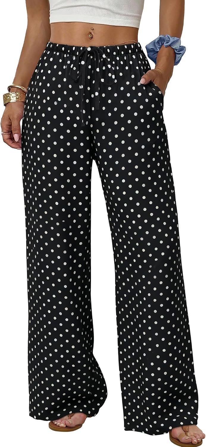Wide Leg Pants for Women Flowy Palazzo Drawstring Elastic Waist Trousers with Pockets Summer Beach Vacation Clothes