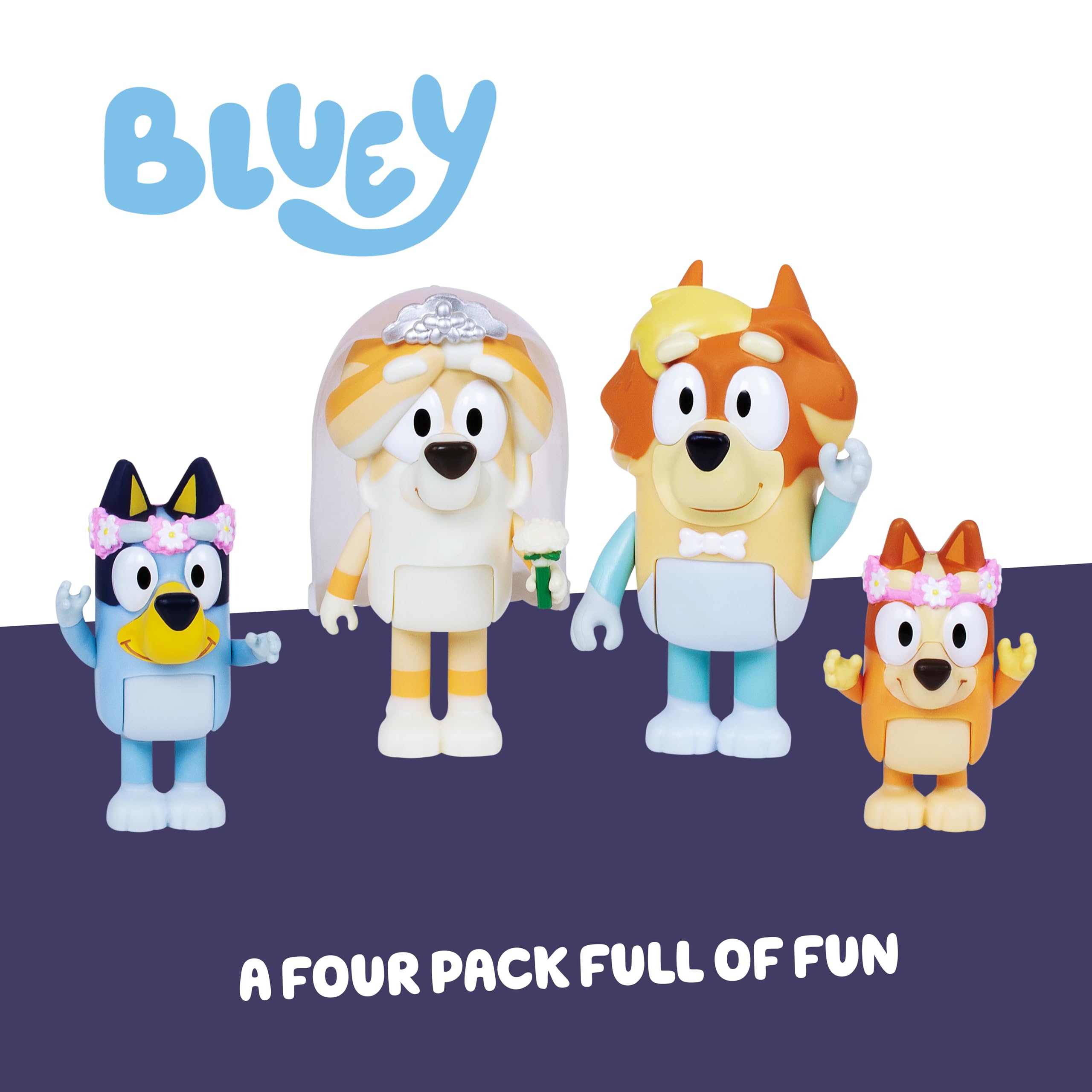 Bluey Family Figure Pack of 4, Robust Poseable Character Toys with Bingo, Chilli, and Bandit Figures, Toddler-Sized Animal Figurines for Kids Ages 3+