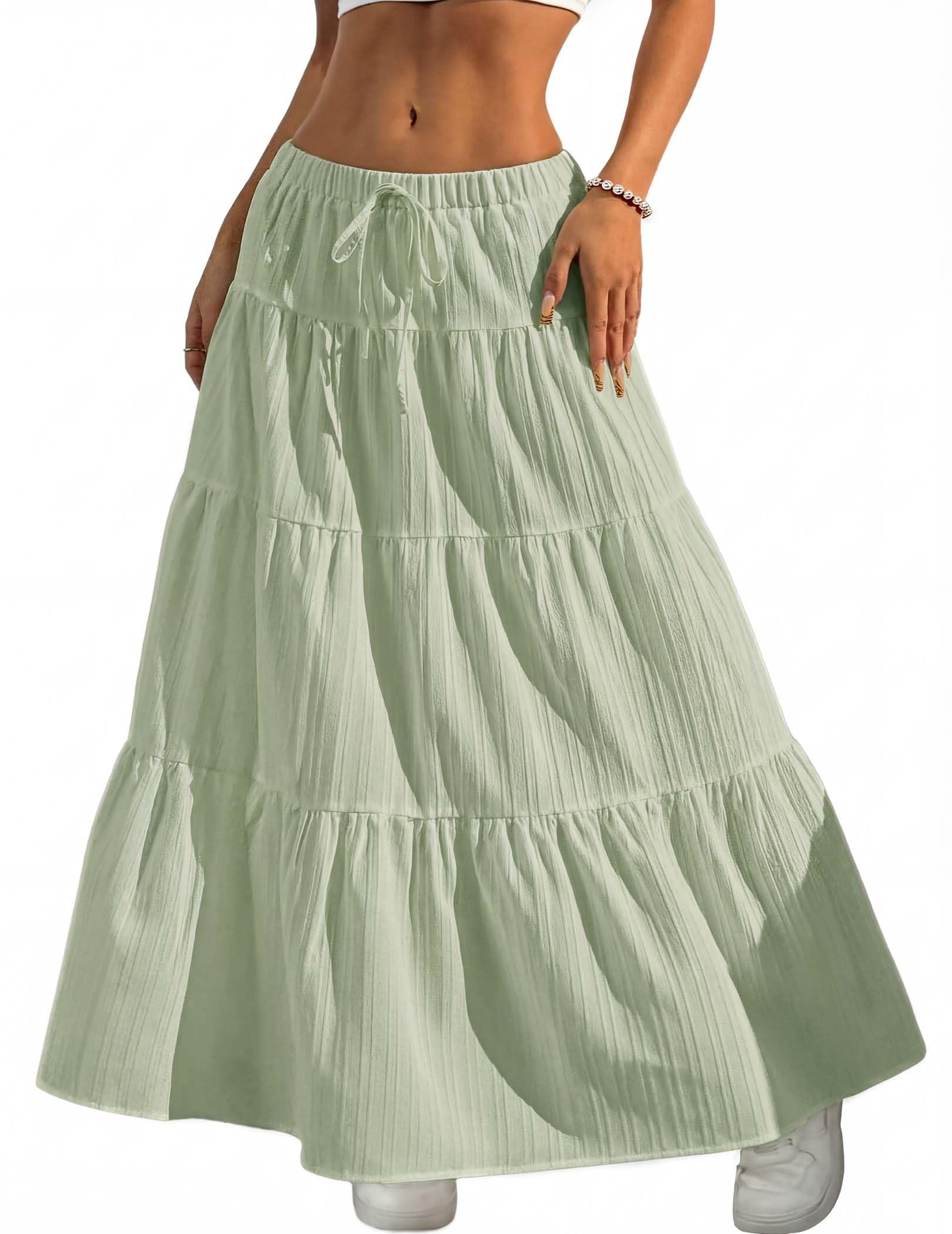 Women's Boho Flowy White Maxi Skirt Flared Ruffle Elastic Waist Summer A Line 2026 Spring Long Skirts