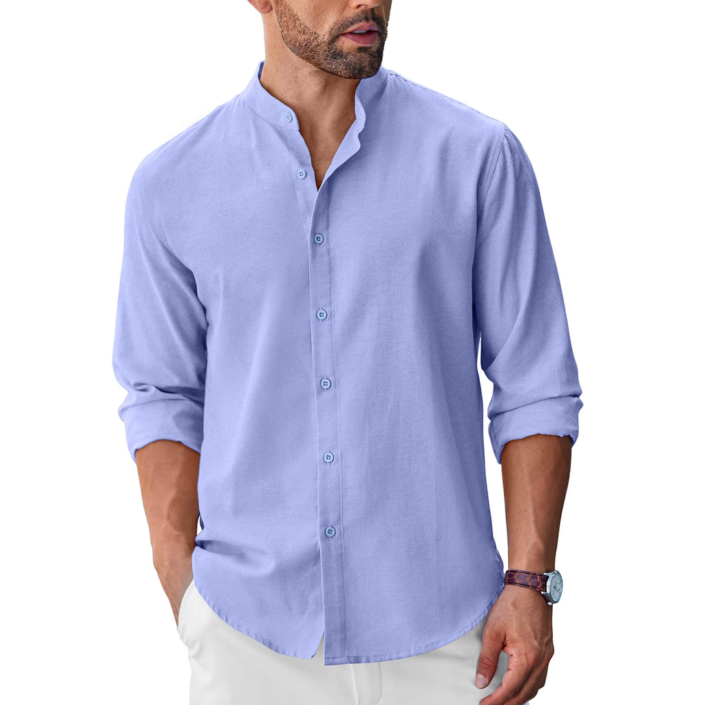 Men's Long Sleeve Oxford Dress Shirts Button Down Shirt Casual Band Collar Shirts