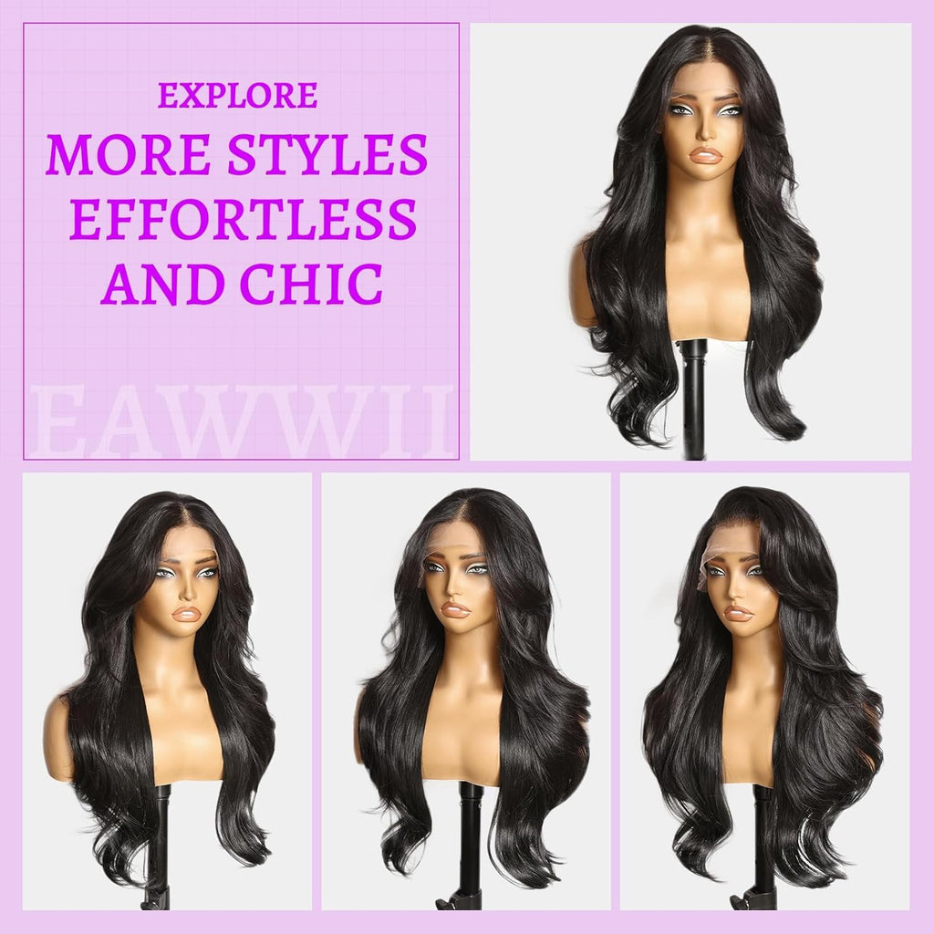 13x4 HD Lace Front Glueless Wigs for Women Black Long Layered Wave Wig Natural Hairline Heat Resistant Synthetic for Daily Use Beginner Friendly 26 Inch