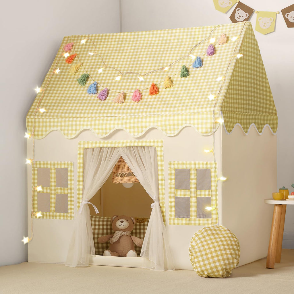 Kids Play Tent Indoor: with Mat, Tassel Garland, Star Lights - Girl Tent Indoor Playhouse for Kids Toys for Boy Girl Birthday Gift